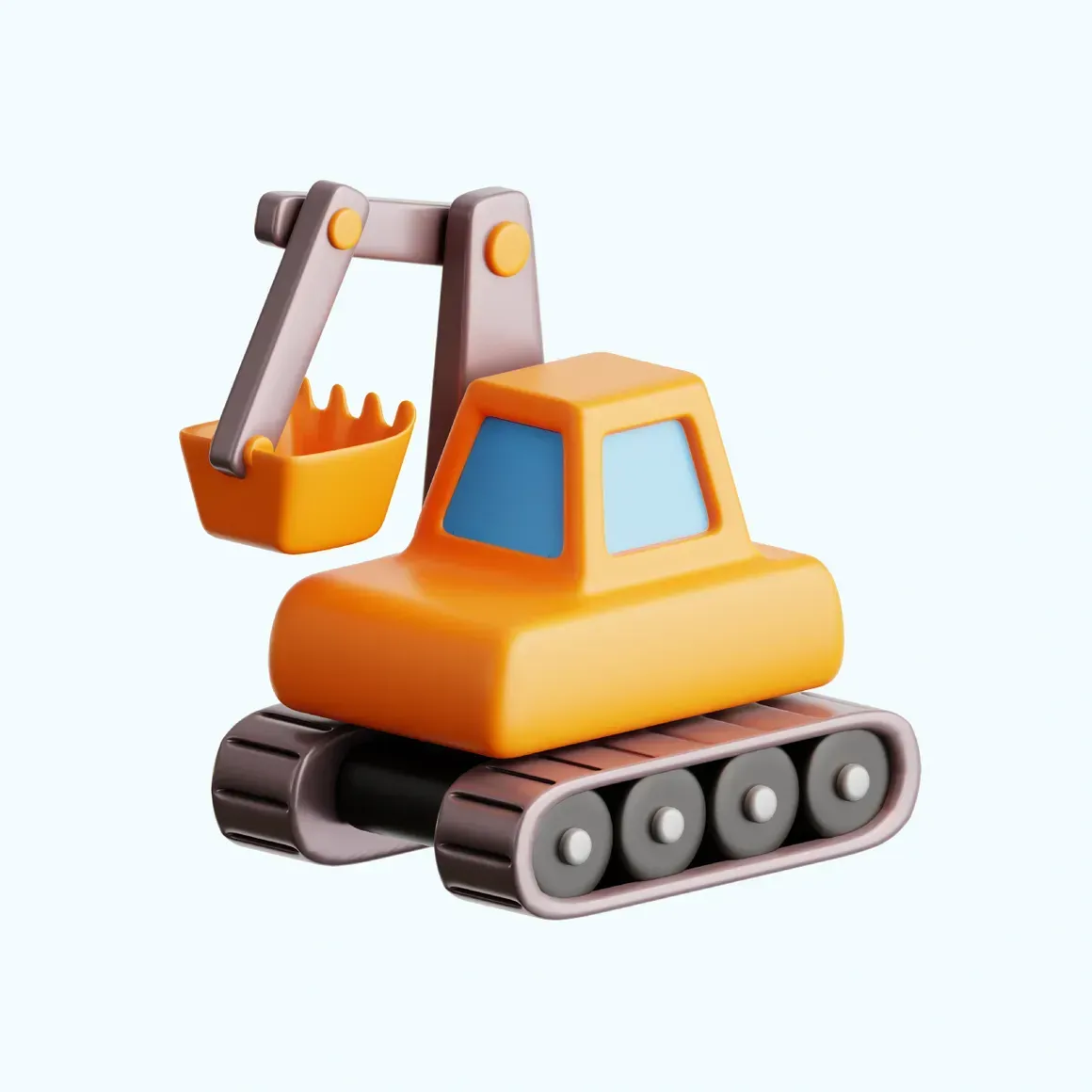 Orange toy excavator with gray tracks and raised bucket on a white background
