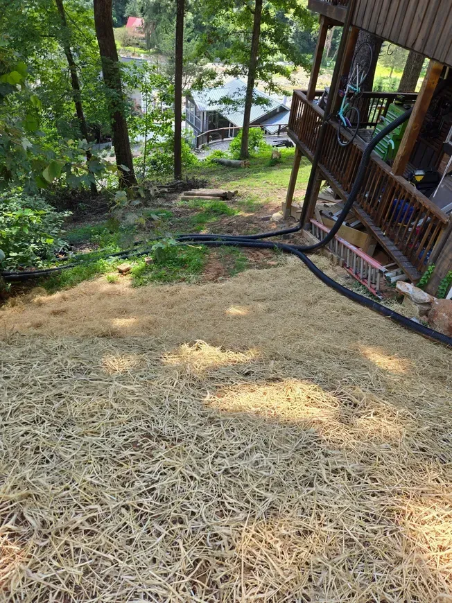 Straw-covered slope beside a wooden deck, with black hoses running down toward a wooded yard.
