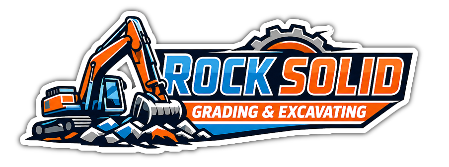 Rock Solid Grading & Excavating logo with orange excavator over blue and orange text