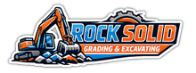 Rock Solid Grading & Excavating logo with orange excavator over blue and orange text