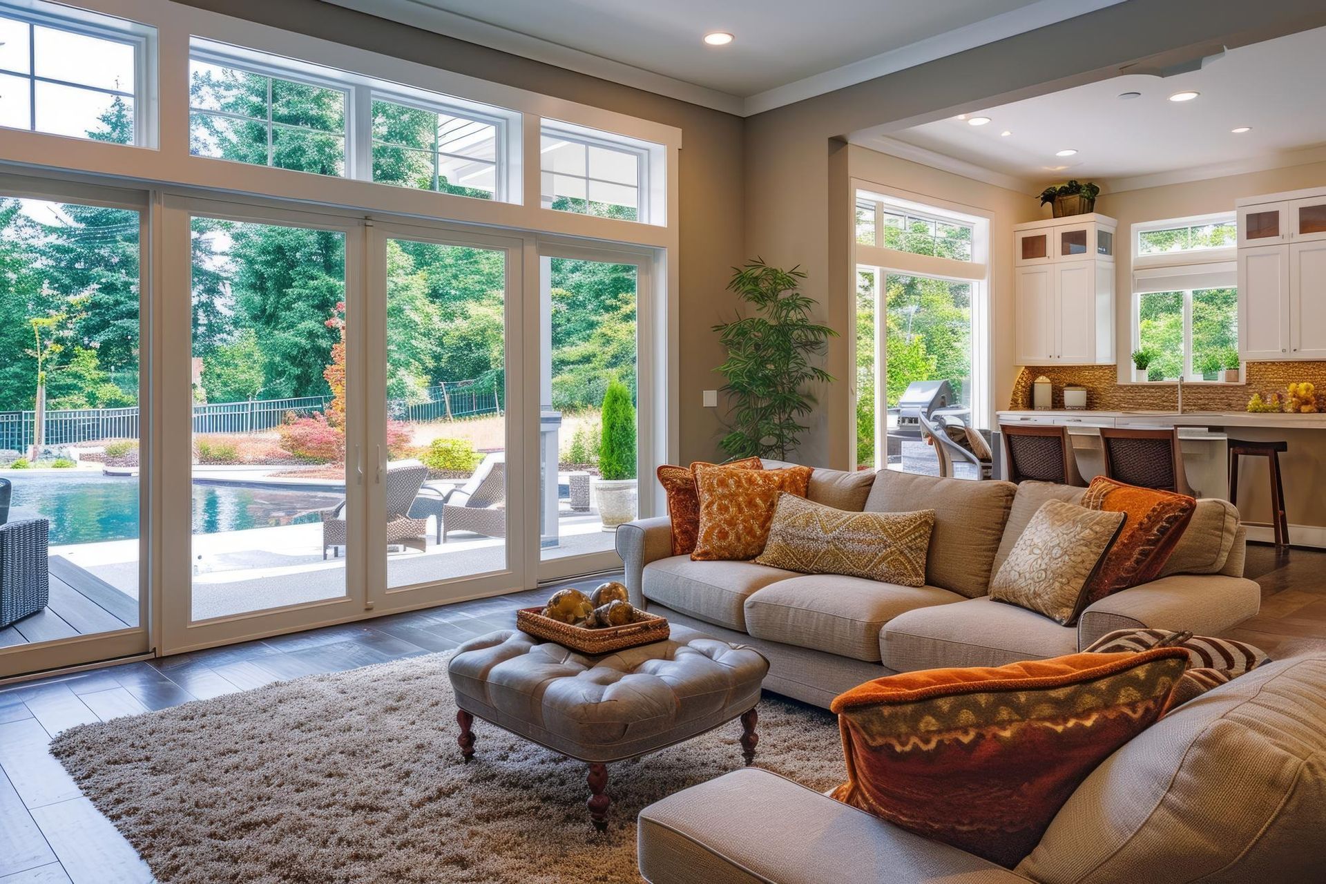 Bright modern living room with beige sofa, gray rug, and large glass doors opening to a pool patio.