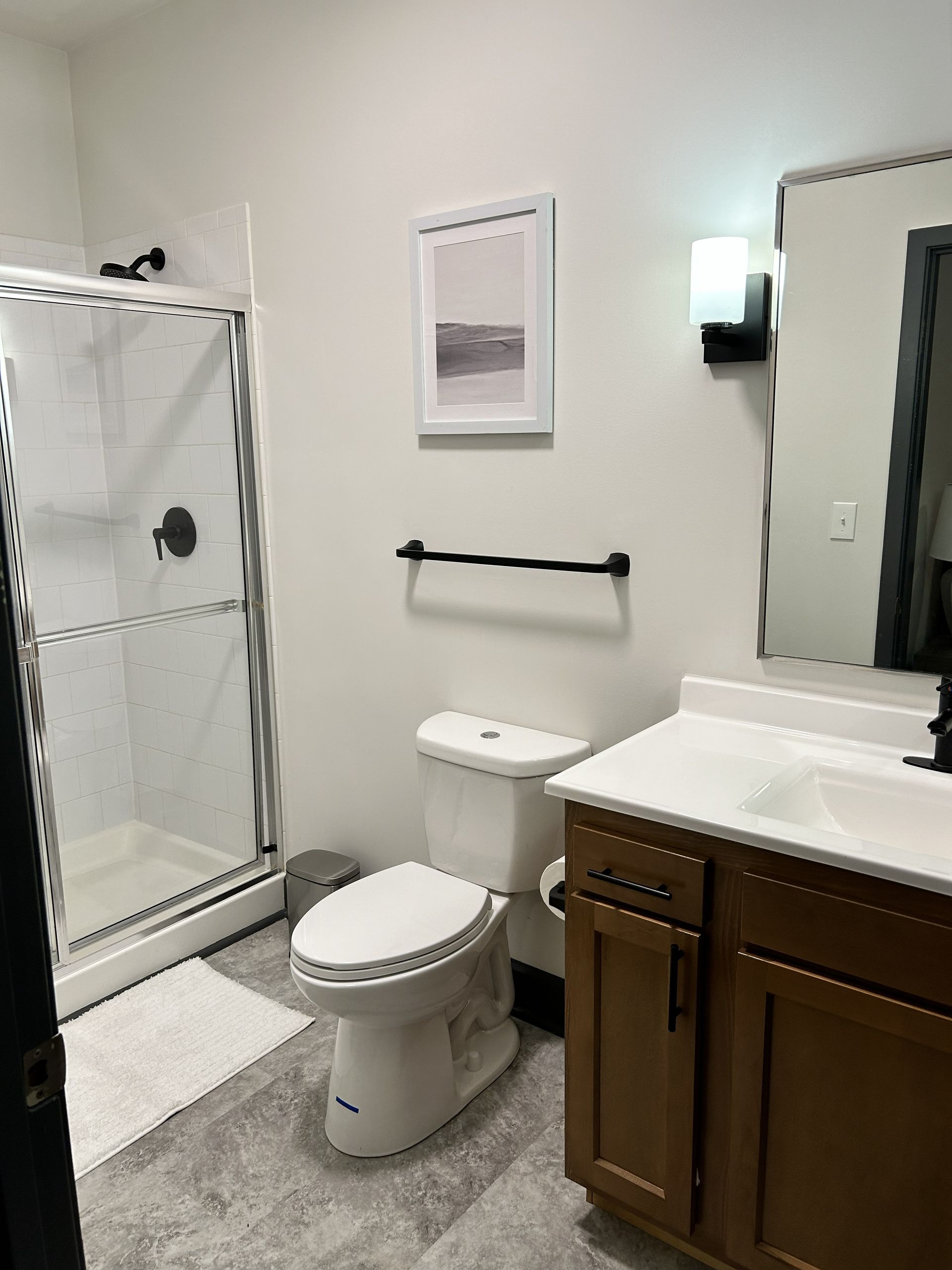 Bathroom with toilet, glass shower, vanity, mirror, and wall art.