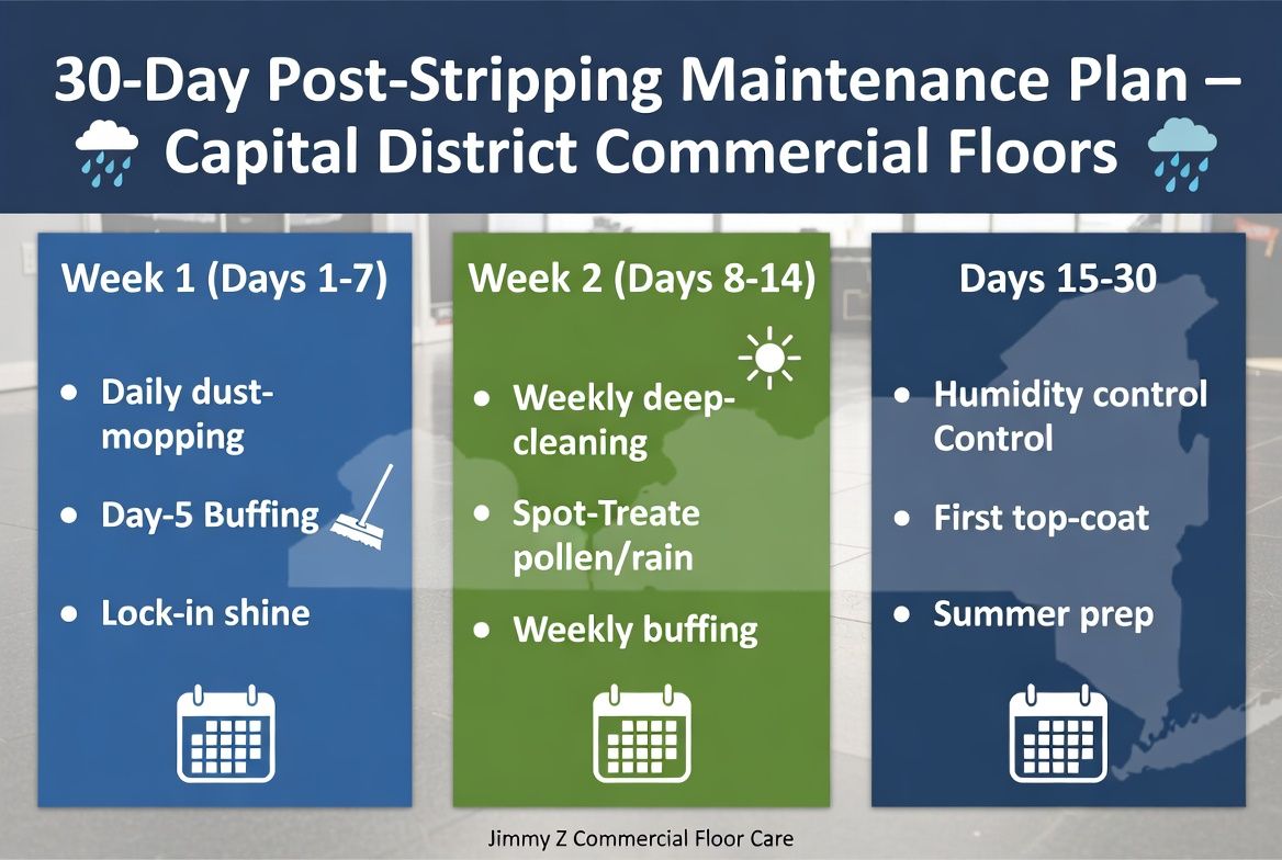 30-Day floor maintenance plan infographic with three columns detailing cleaning steps from days 1–30 for commercial floors.
