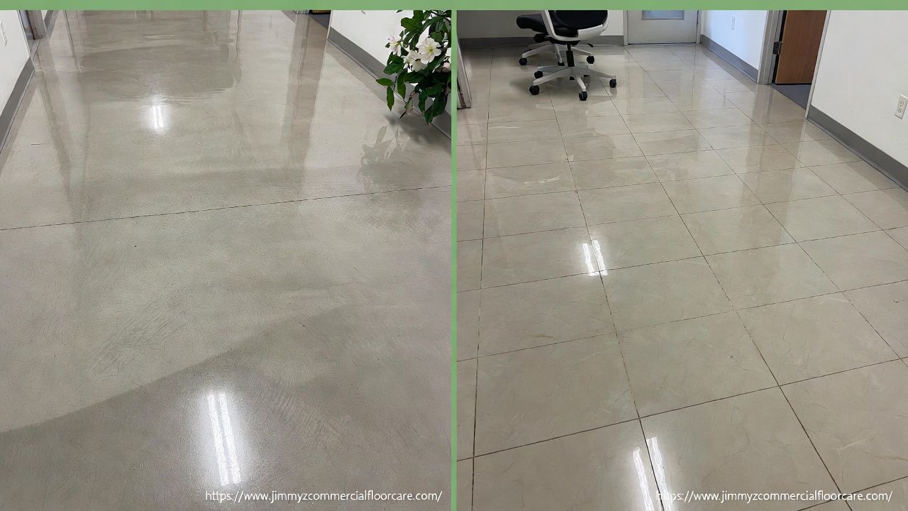 A side-by-side comparison of a floor showing a dull surface on the left and a polished, shiny surface on the right.