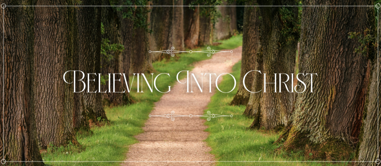 A path in the woods with the words believing into christ on it