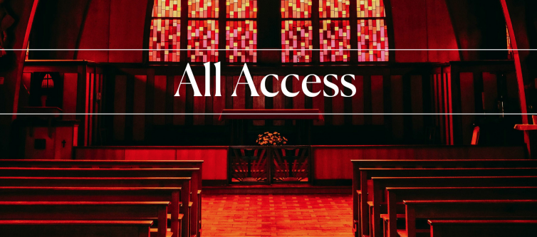 A picture of a church with the words `` all access '' written on it.