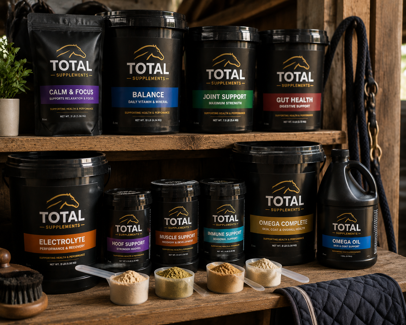 horse supplements containers and feeding scoops barn storage