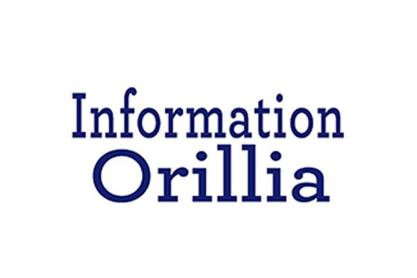 A blue and white logo for information orillia