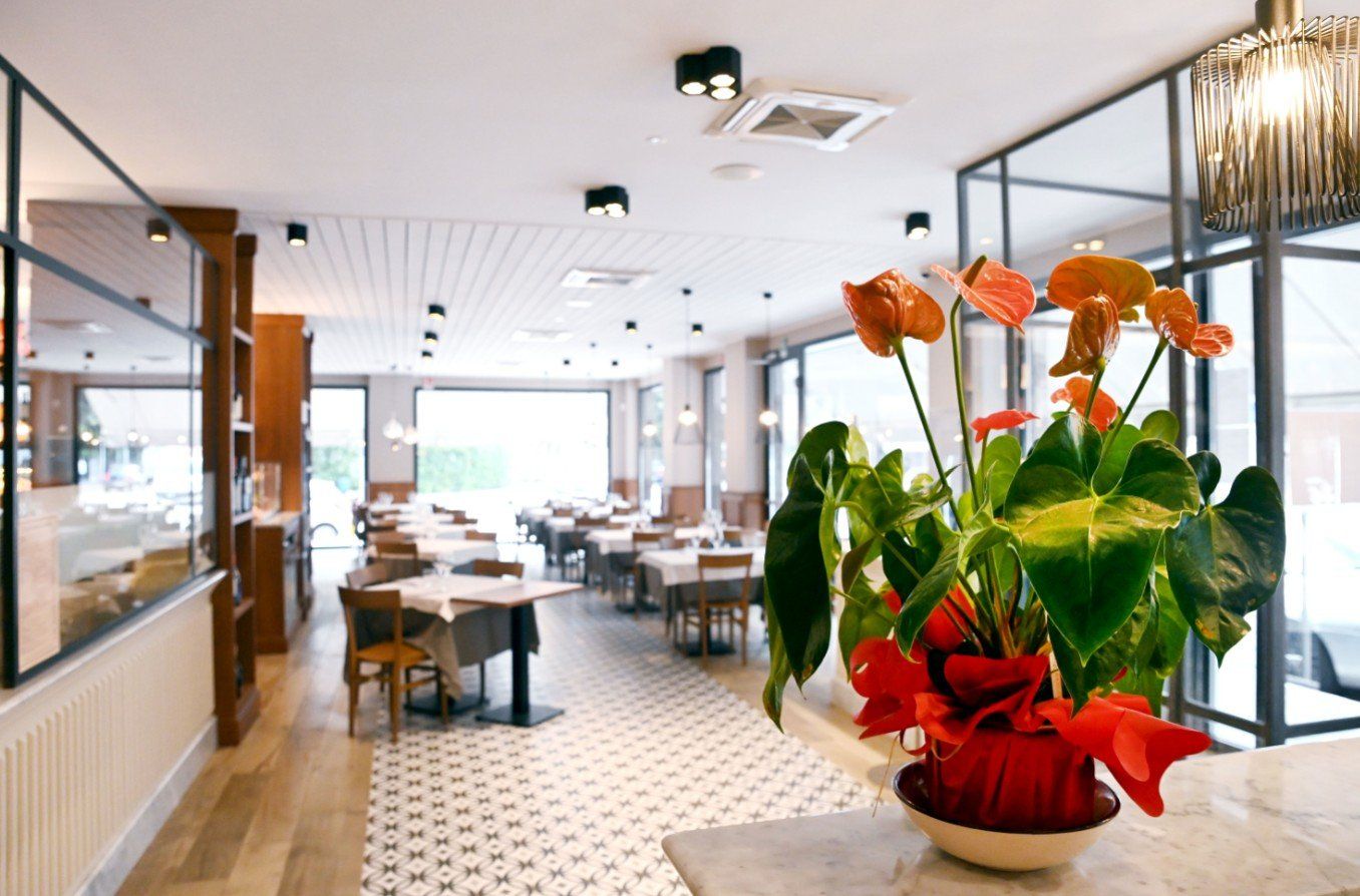 Interno del ristorante con tavoli, sedie e fiori di anthurium rossi in vaso.