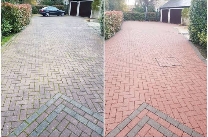A Before And After Photo Of A Brick Driveway — Clean Cartel Pressure Washing In Reedy Creek, QLD