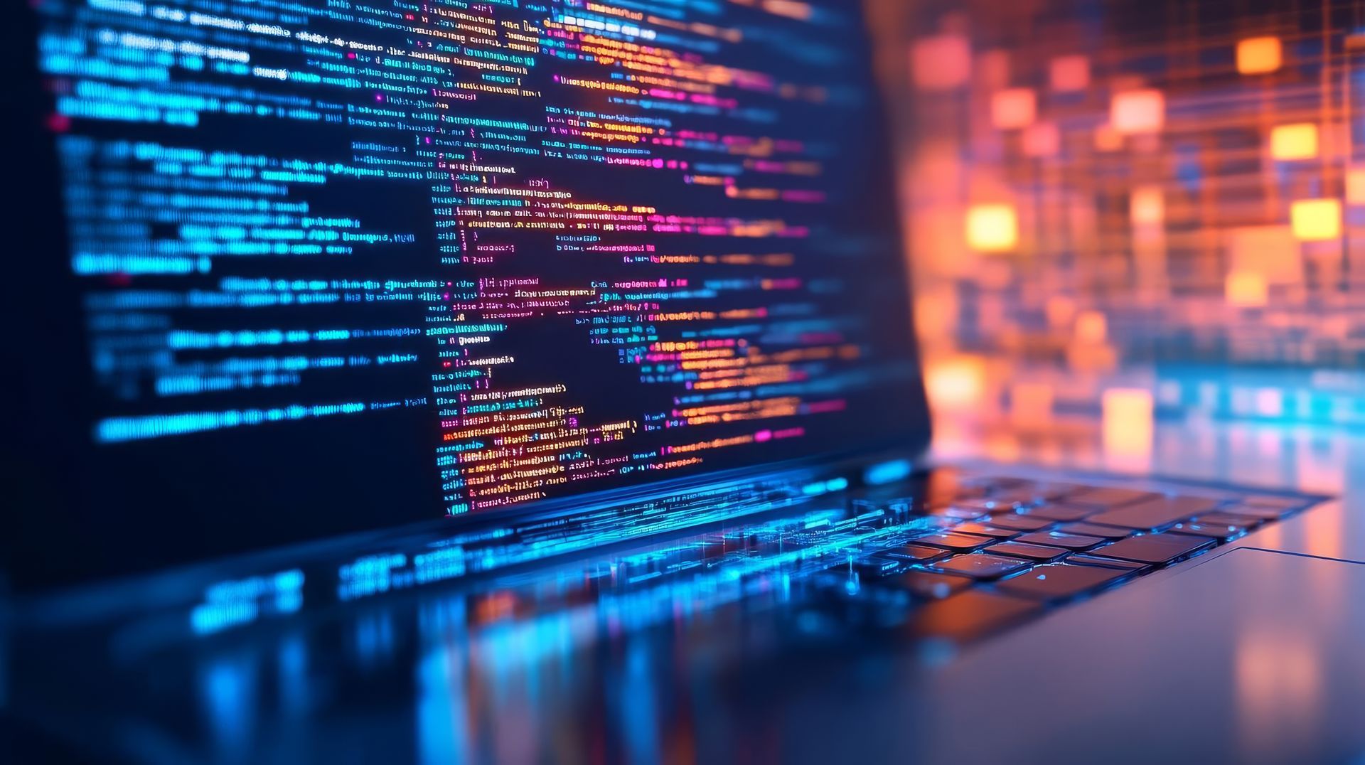 A laptop computer is open to a screen with lots of lines of code on it.