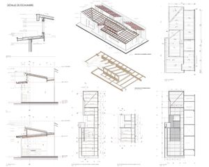 Presentación de planos y dibujos de un edificio sobre un fondo blanco.