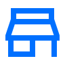 Une icône bleue d'un magasin avec un auvent sur fond blanc.