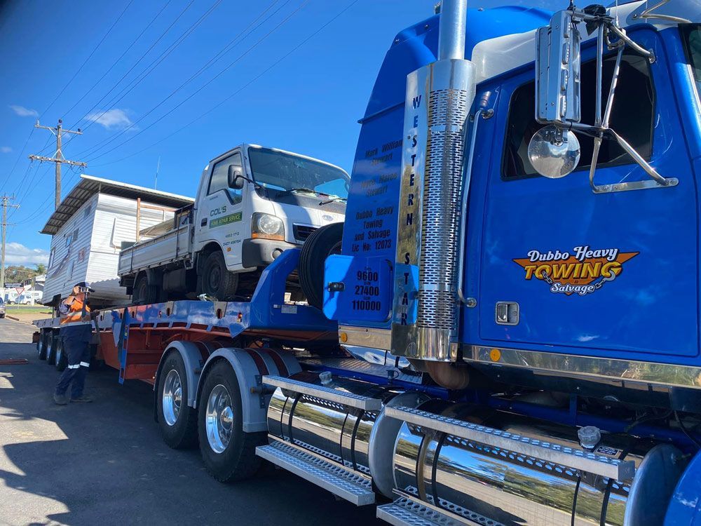 Big Tow Truck Transporting Pick Up Truck — Towing Service In Coonabarabran, NSW