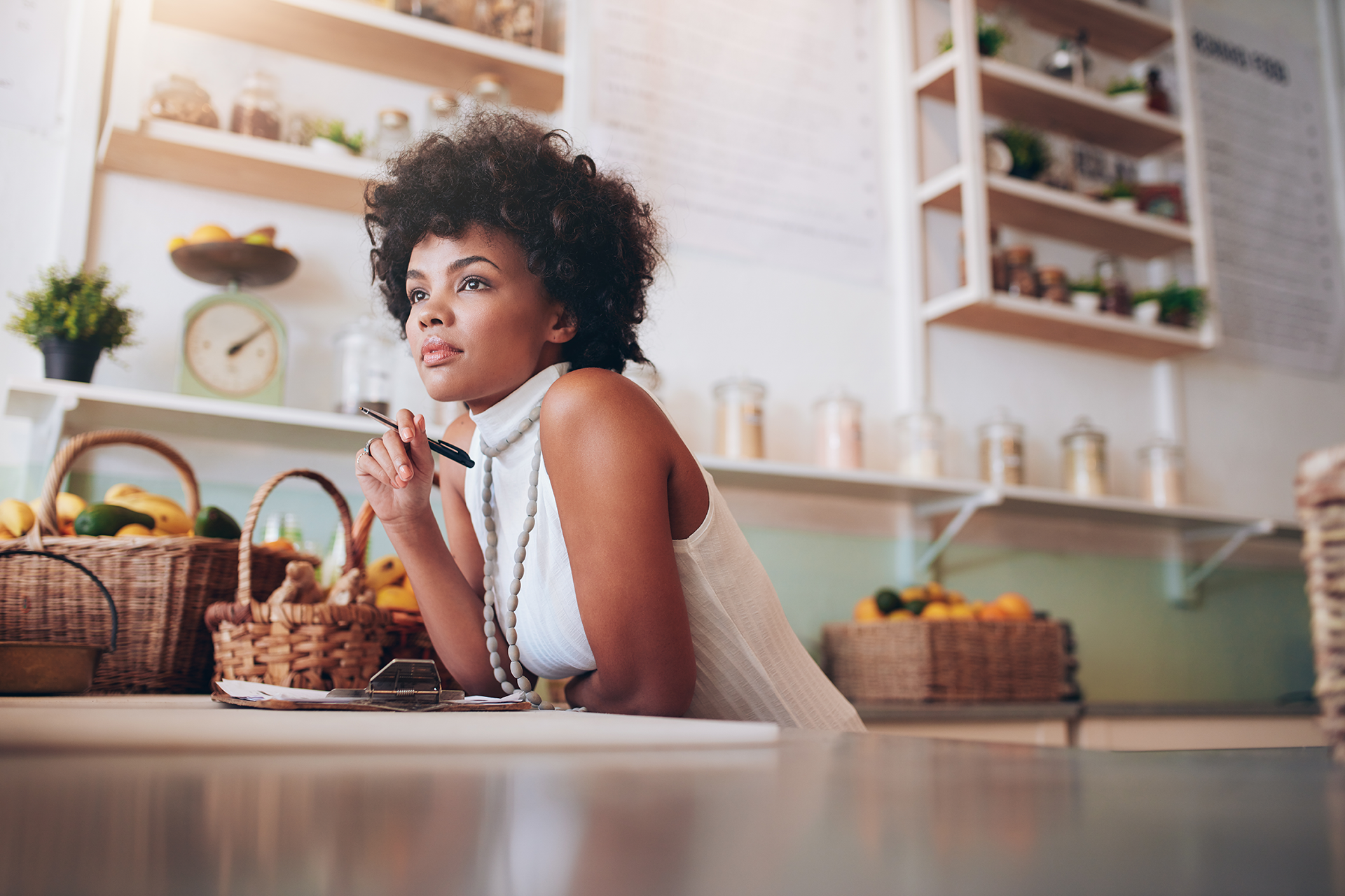 Black woman entrepreneur in deep thought