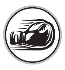 Boxing glove, black and white, with motion lines, within a circular frame.