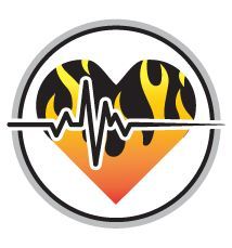 Heart-shaped design with flames and heartbeat graphic, inside a circular frame.