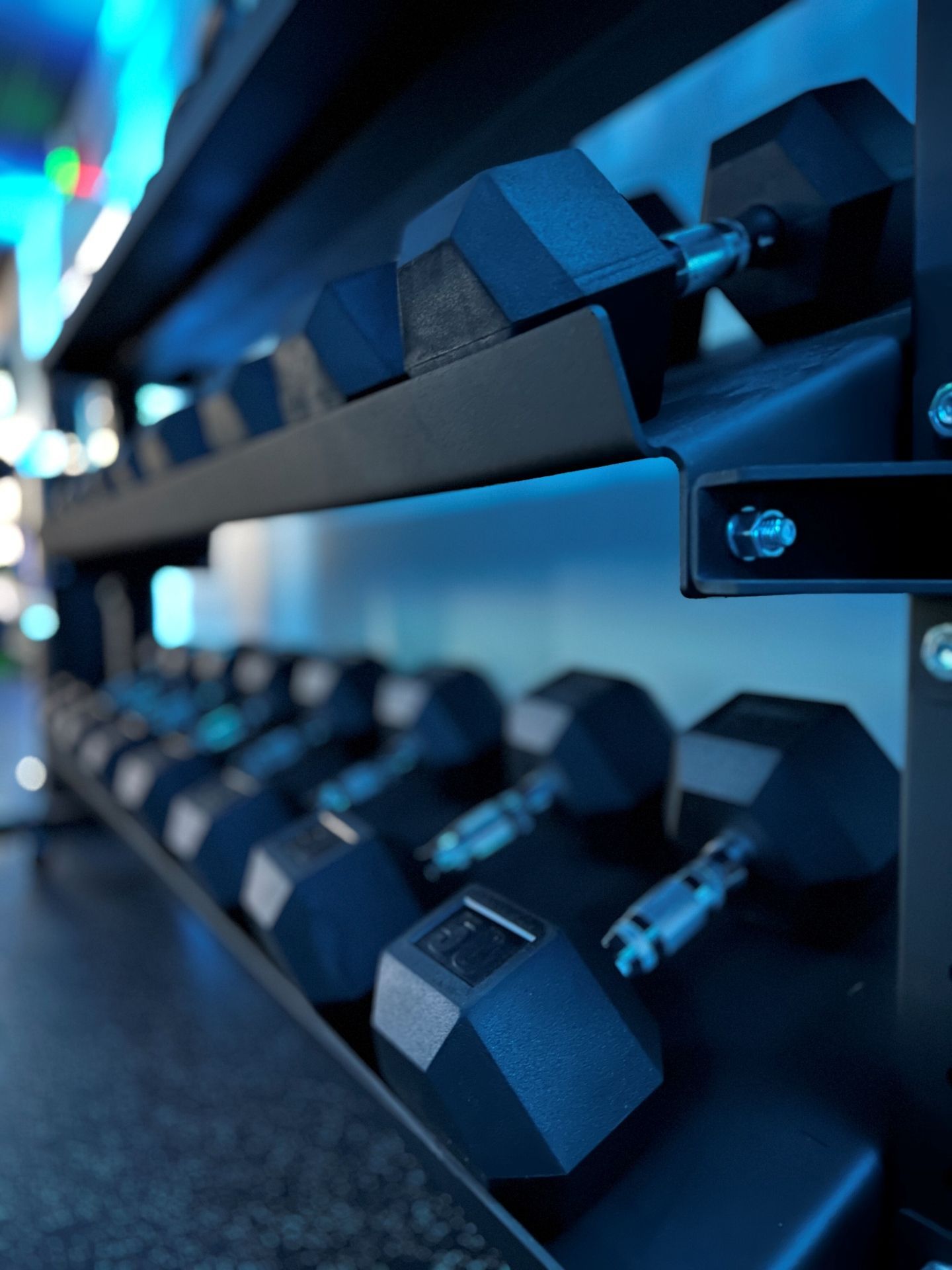Black dumbbells arranged on a multi-tiered rack in a gym setting.