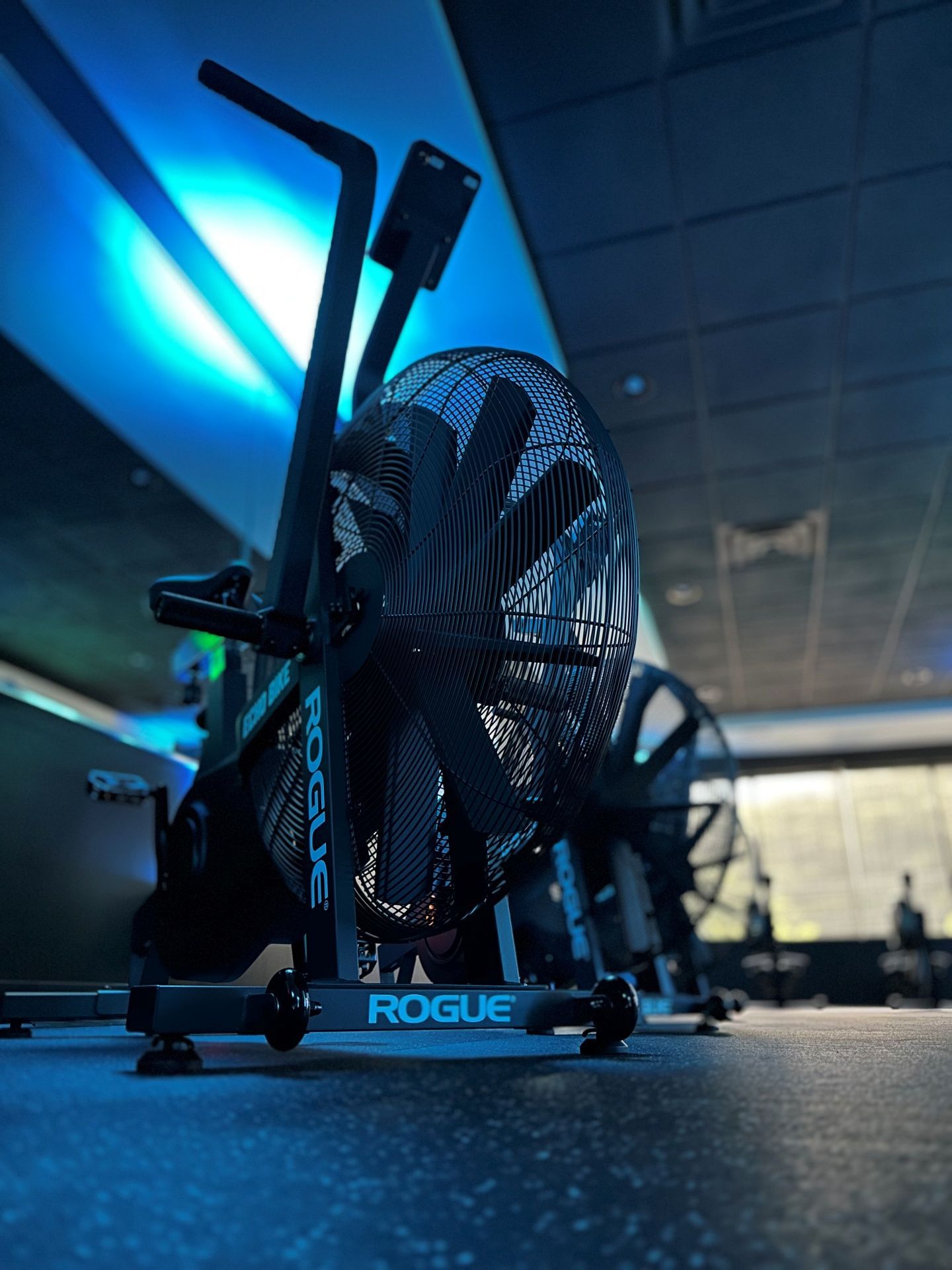 Rogue AirBike in a gym setting, with a large fan in front. Blue lighting and a dark background.