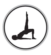 Silhouette of a person in a pilates bridge pose with one leg extended upwards inside a circular frame.