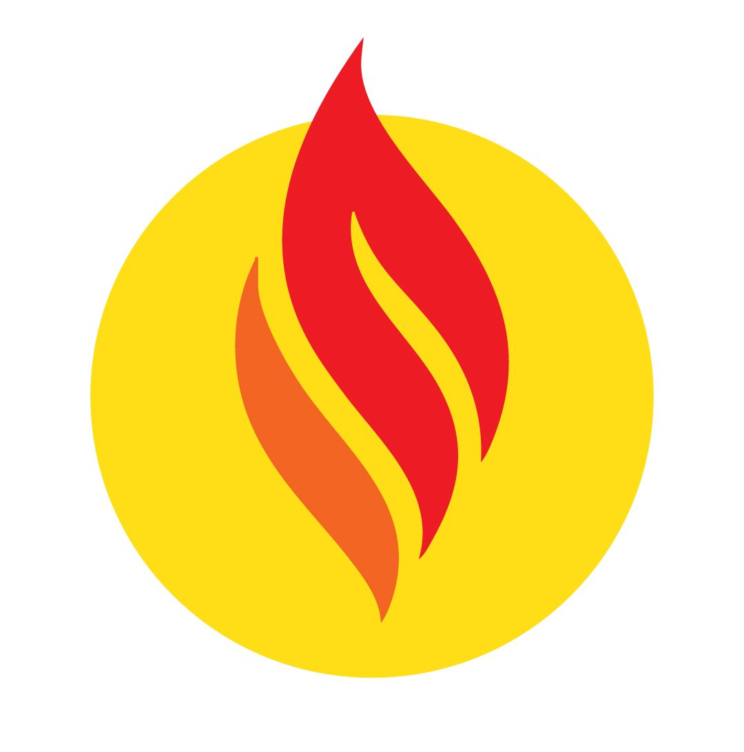Red flame with orange highlights on a yellow circle.
