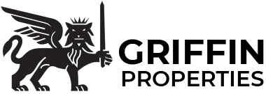 Black griffin logo with sword next to the words “GRIFFIN PROPERTIES”