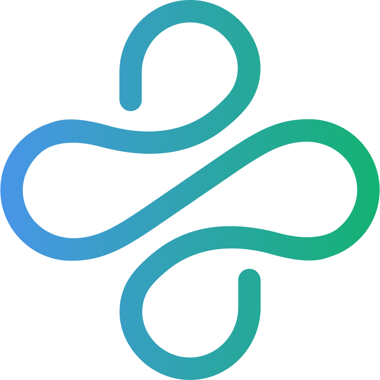 A blue and green swirl icon on a white background.
