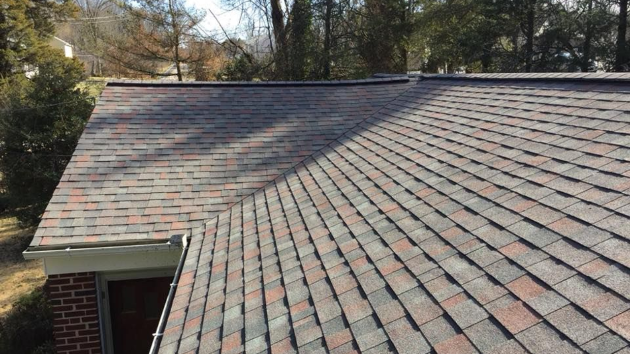 Close-up of a multi-colored shingle roof. The roof replacement service.
