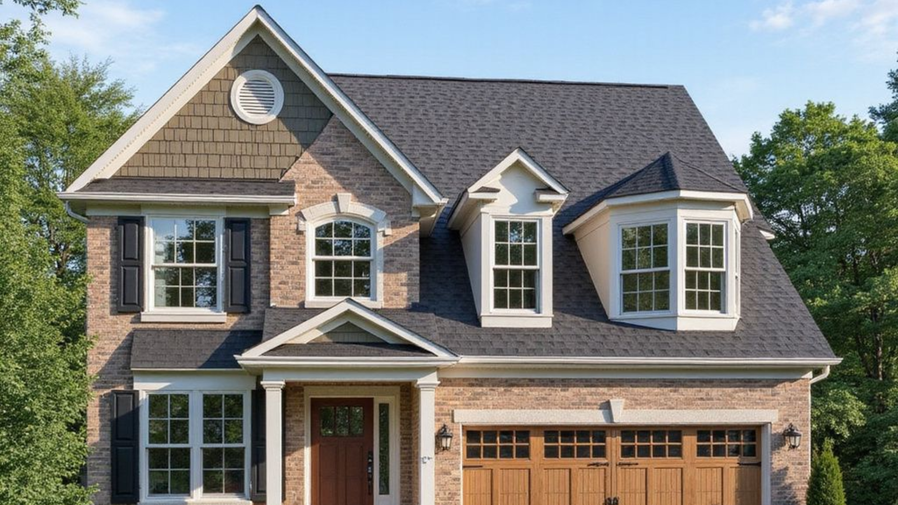 Two-story brick house with a dark roof, brown garage doors, and several windows under a blue sky. Certified roofers
