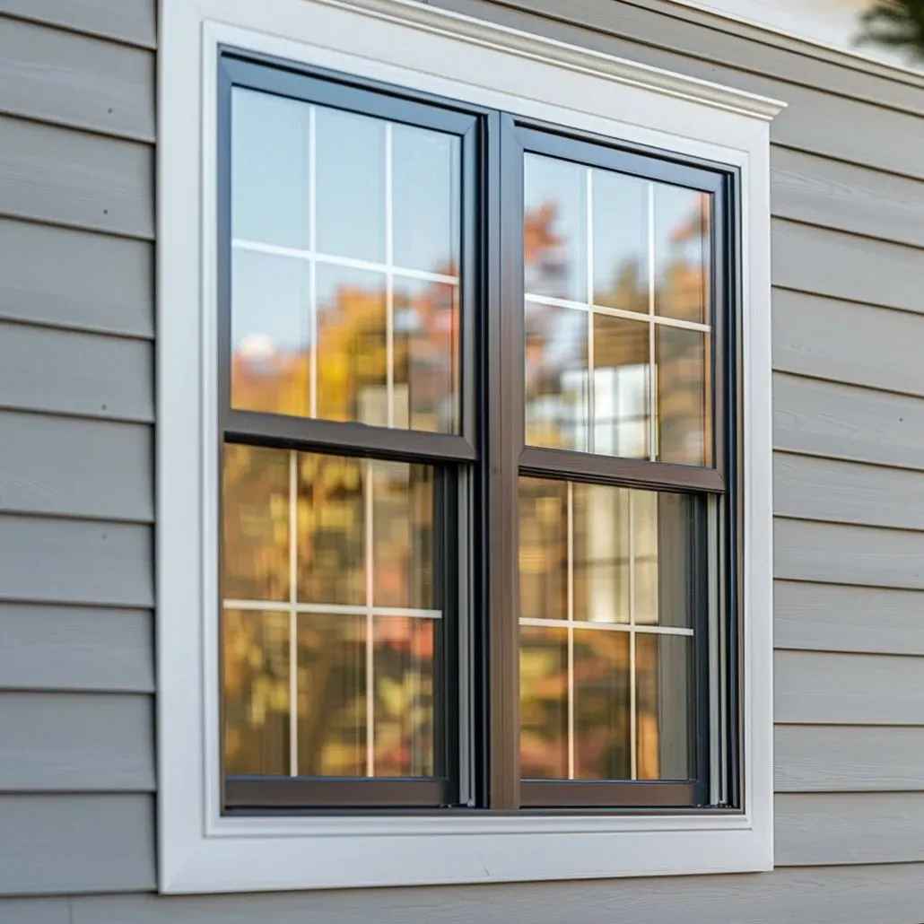 White-framed double-pane window on gray siding, reflecting autumn trees. Window replacement by Four seasons roofing