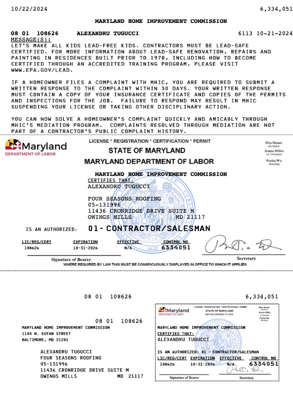 A maryland department of labor certificate is on a piece of paper.
