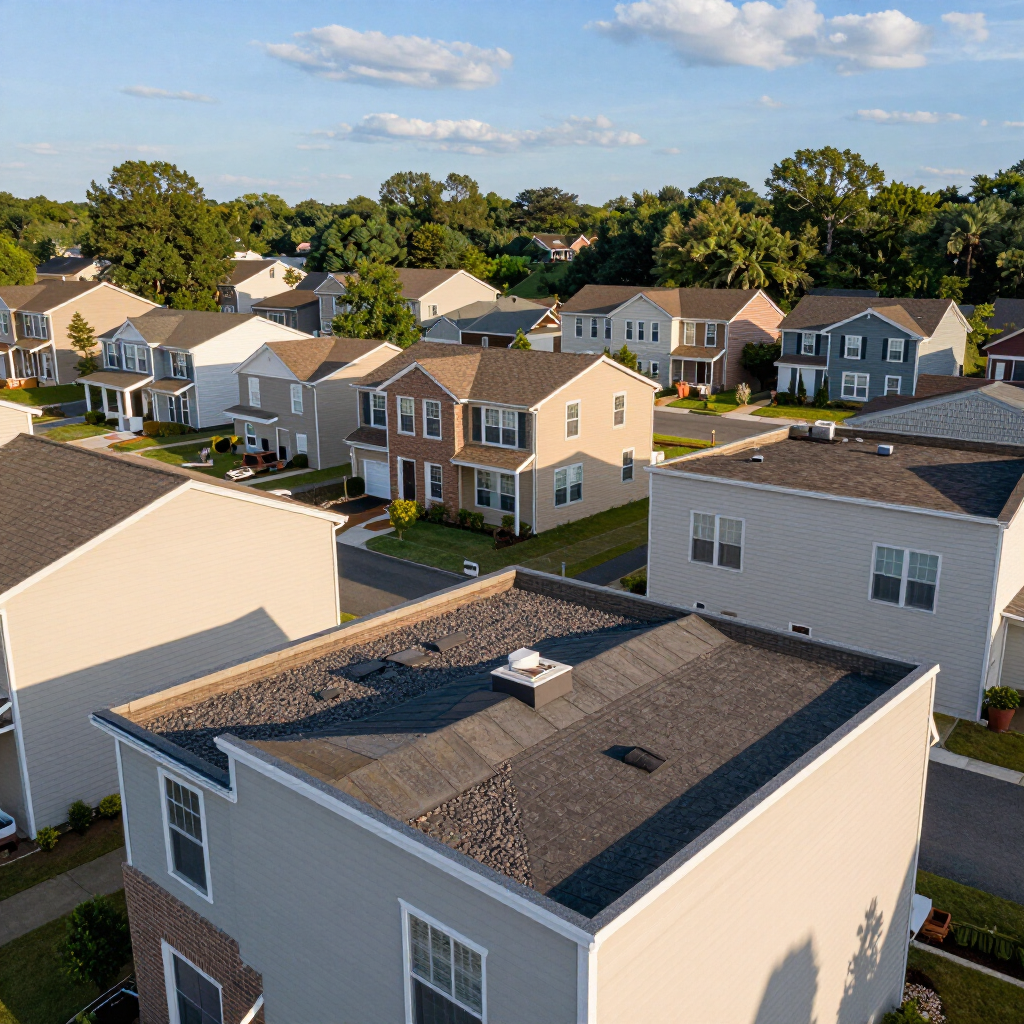 Aerial view of suburban houses with beige and brick exteriors under a blue sky.