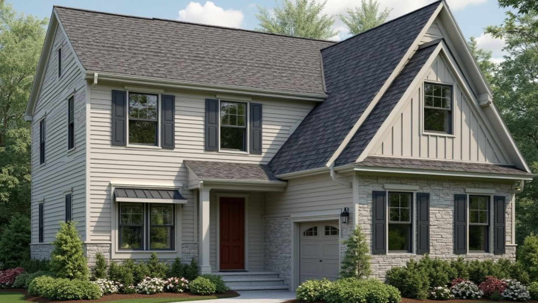Two-story house with gray roof, white siding, black shutters, red door, and landscaping.
