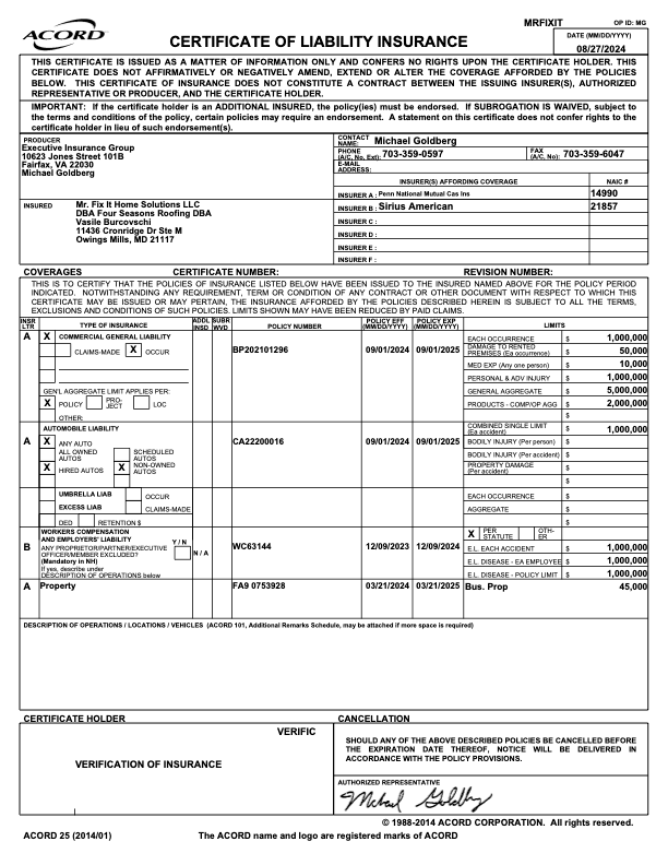 A certificate of liability insurance form with a signature on it.