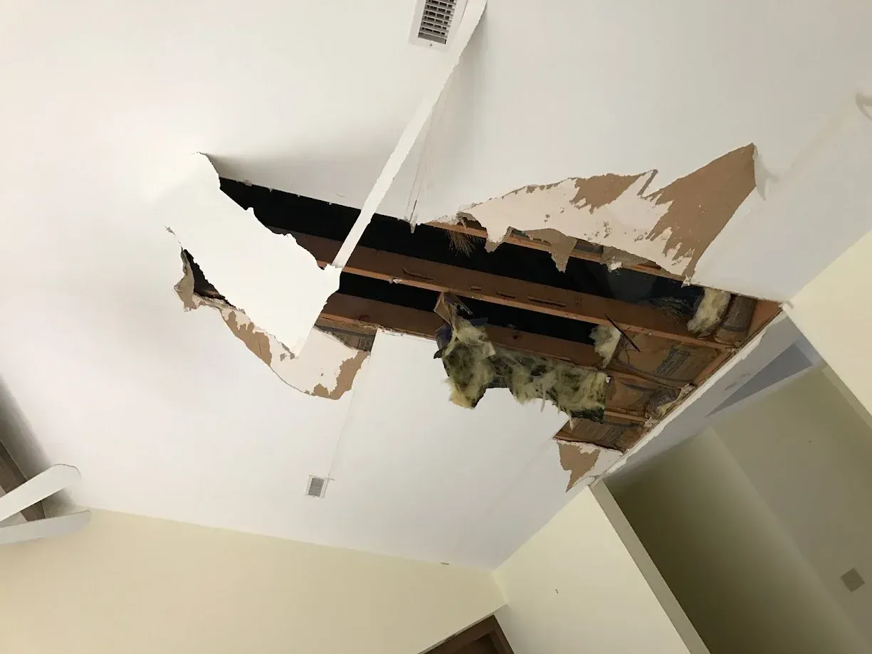 Damaged ceiling with a large hole, exposed wood and insulation, and hanging drywall in a white room, roof repair