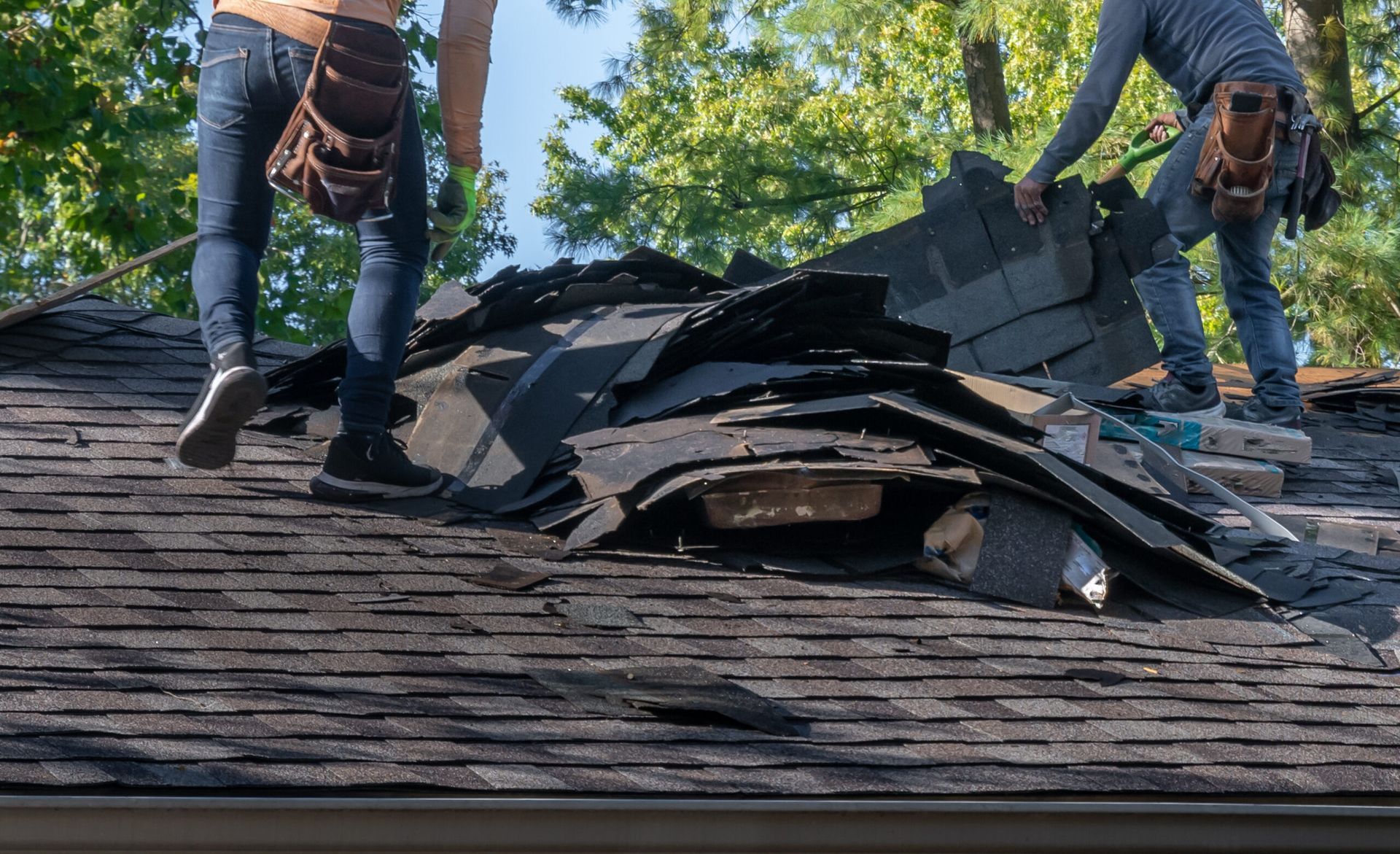 Two workers repairing damaged shingles on a roof under trees.