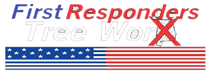 "First Responders Tree Work" in blue and red text with an American flag border, the word "work" is crossed out.