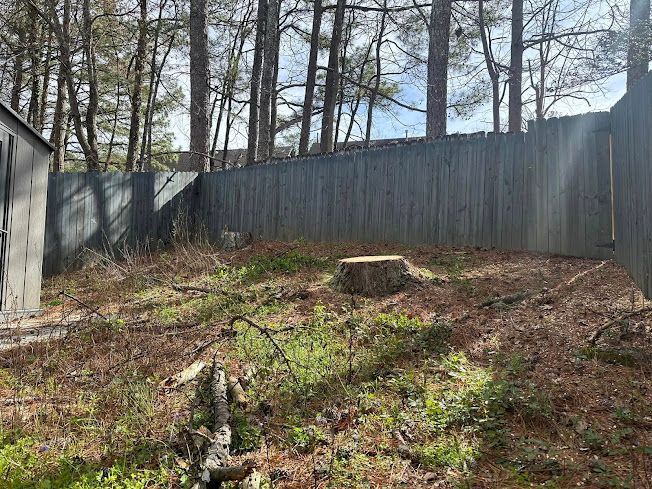 There is a stump in the middle of the yard next to a fence.
