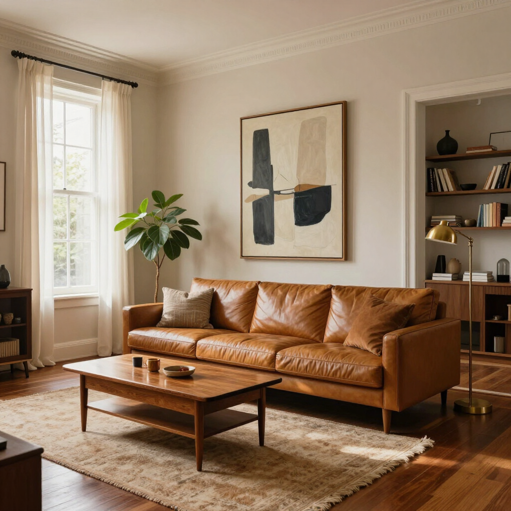Warm living room with a tan leather sofa, wooden coffee table, abstract wall art, and a potted plant.