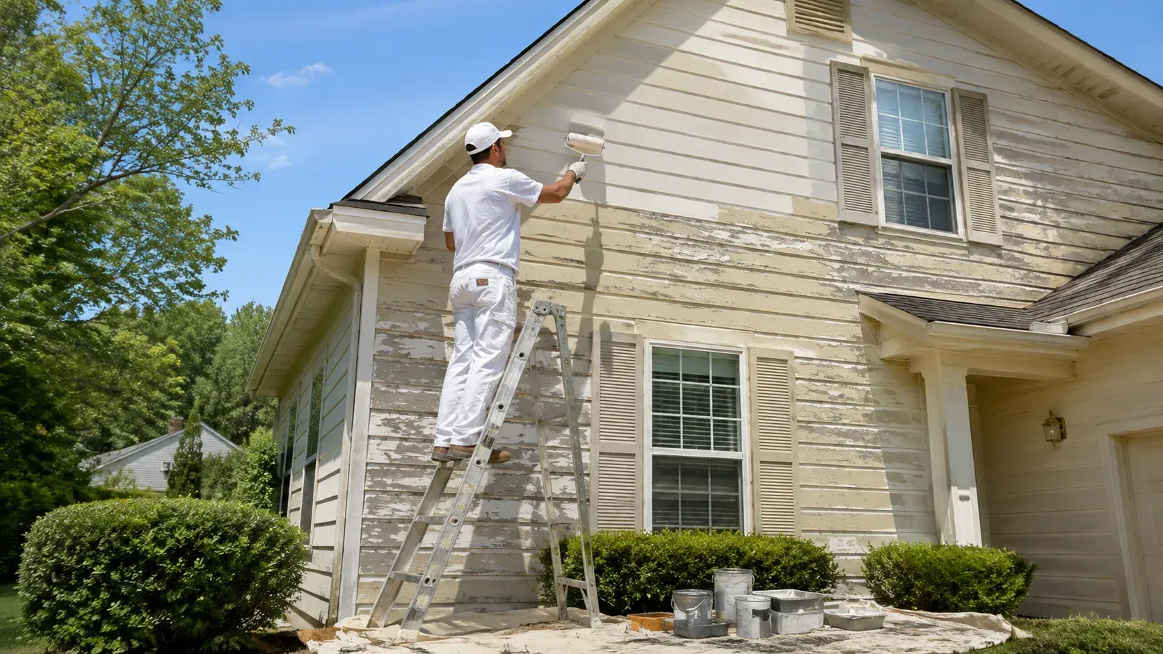 Professional painter applying exterior paint to a Burnsville home exterior.