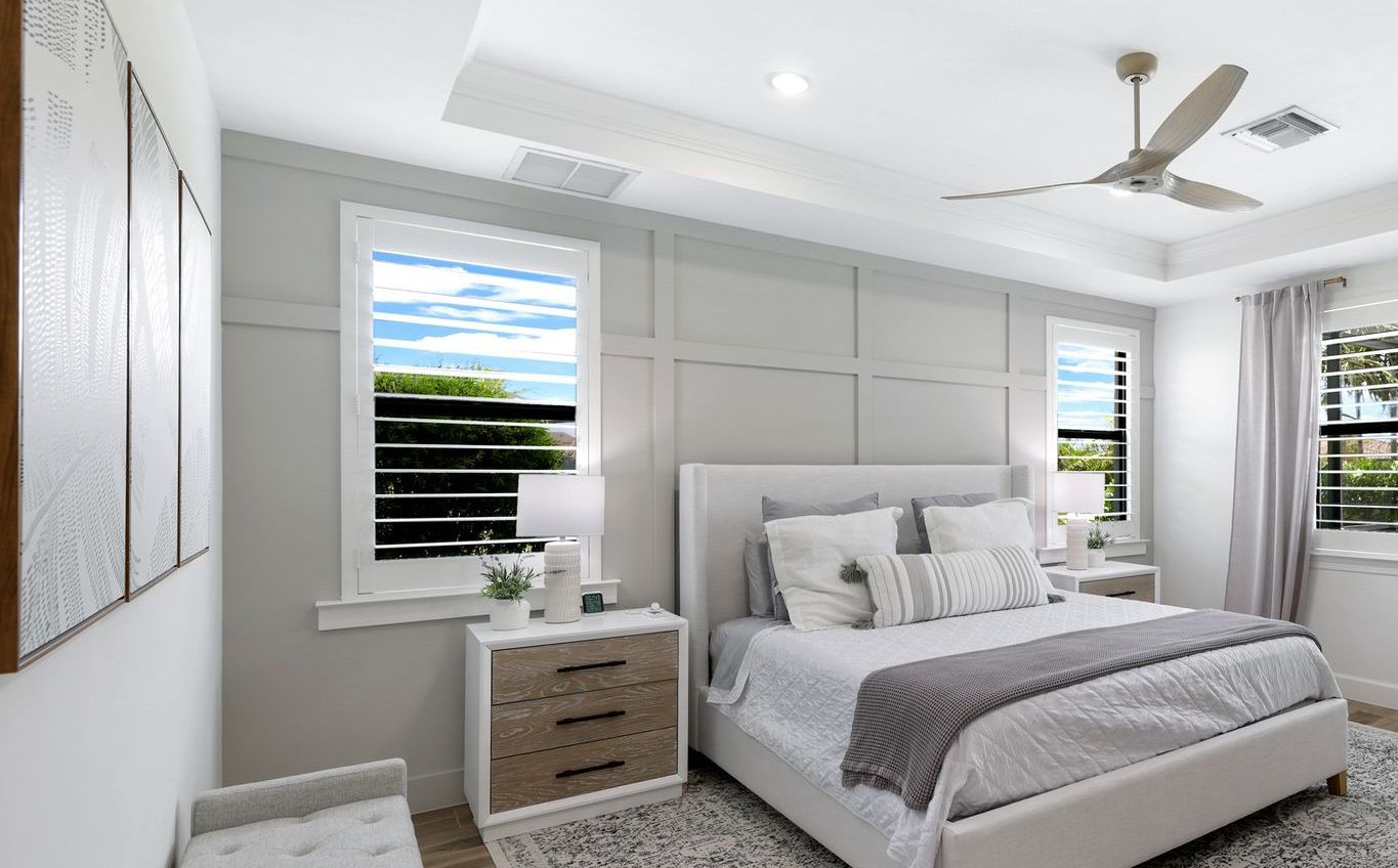Bedroom interior with panel accent wall and neutral design
