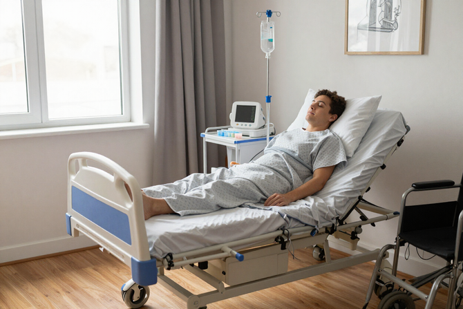 Paciente descansando en una cama de hospital junto a un soporte para suero intravenoso y un equipo de monitorización
