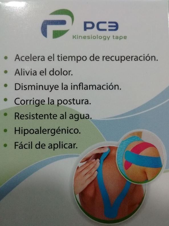 Caja de kinesiology tape PCA con lista de beneficios y foto de cinta azul aplicada en hombro y espalda.