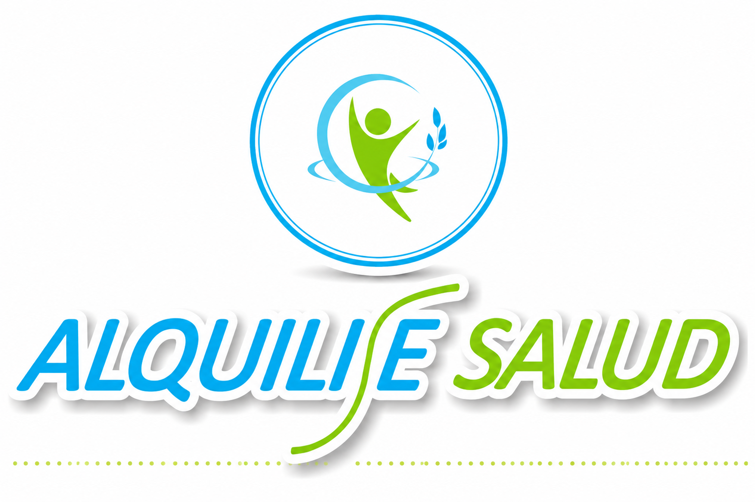 Logotipo con texto azul y verde “ALQUILIE SALUD” y un icono circular de estilo médico encima.