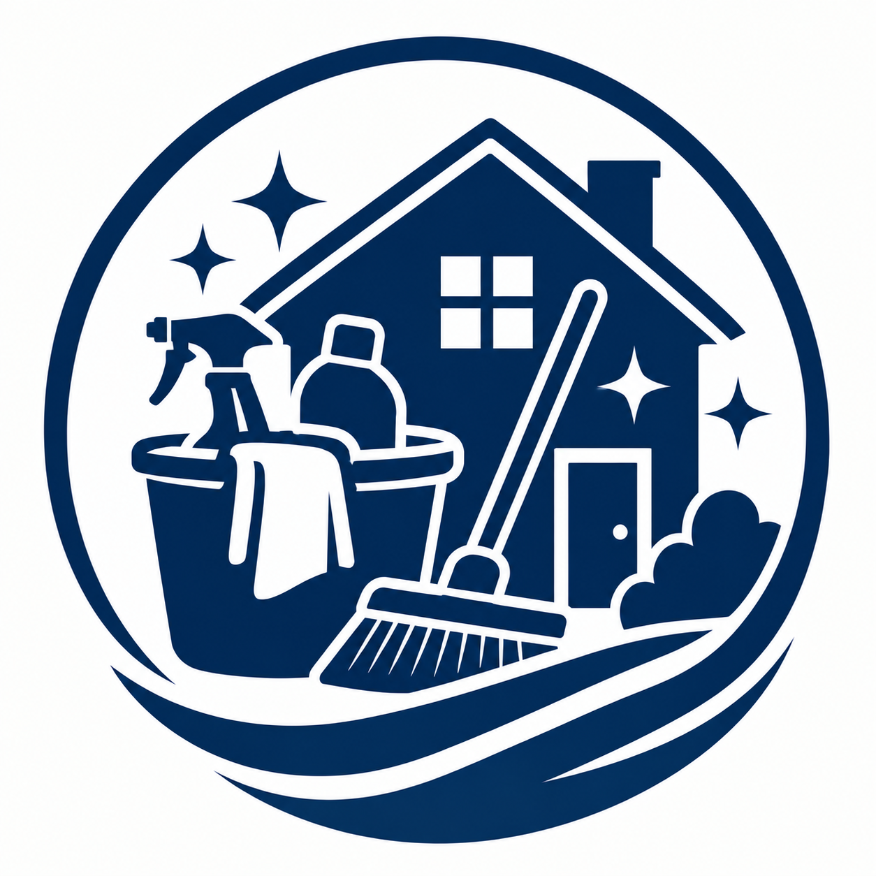 Blue cleaning-service logo with house, spray bottle, bucket, broom, and sparkles