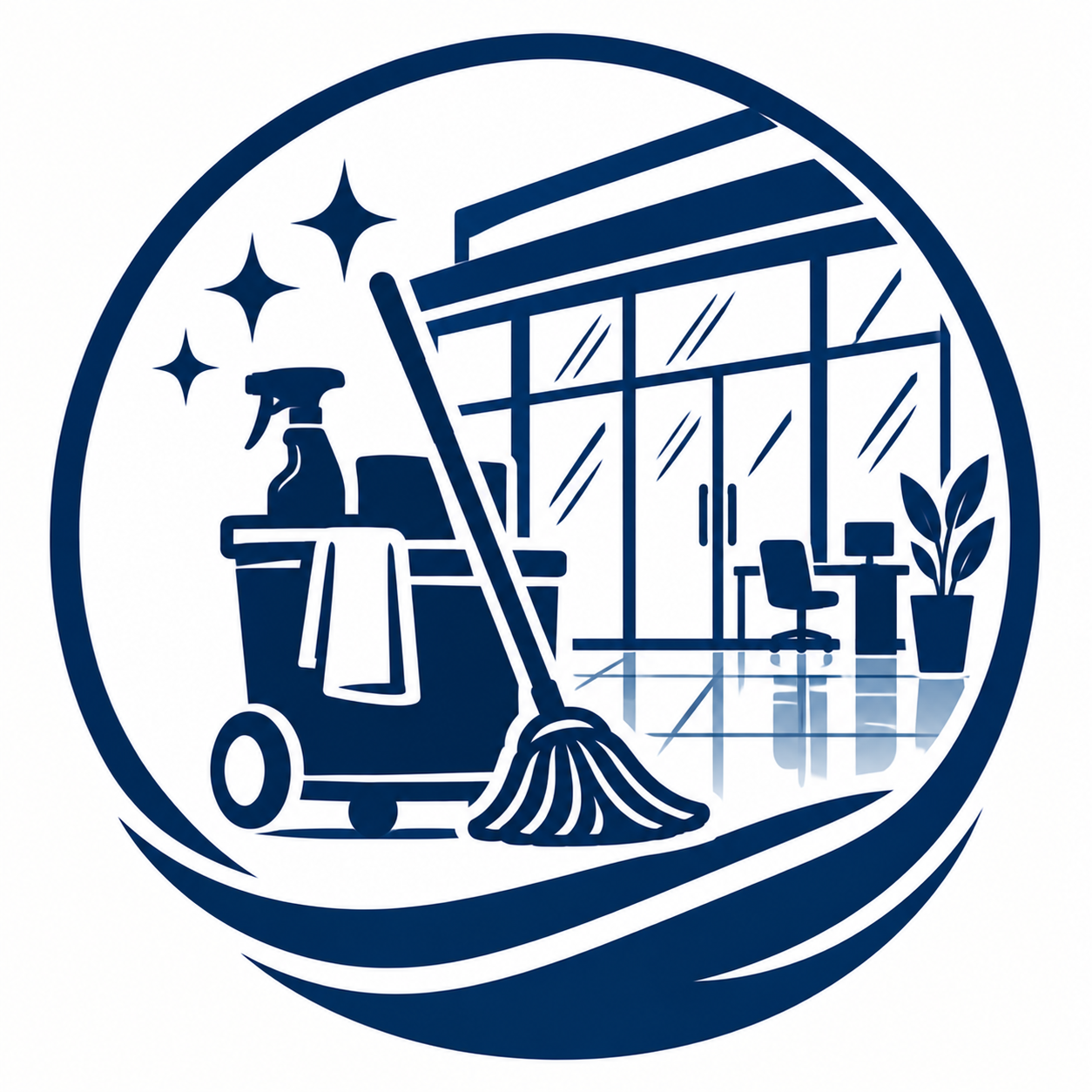 Blue cleaning logo with a mop, spray bottle, and sparkling storefront window