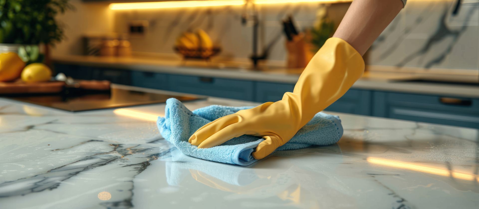Gloved hand wiping a marble countertop with a blue cloth beside a kitchen sink