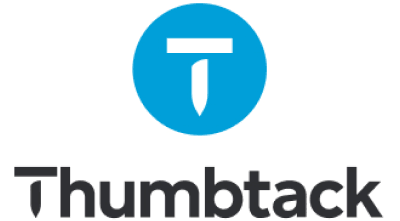 Thumbtack logo with blue circle and white icon above black wordmark