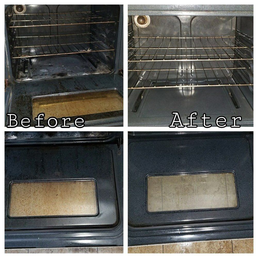 Before-and-after photos of a dirty oven cleaned to a spotless interior and glass door.