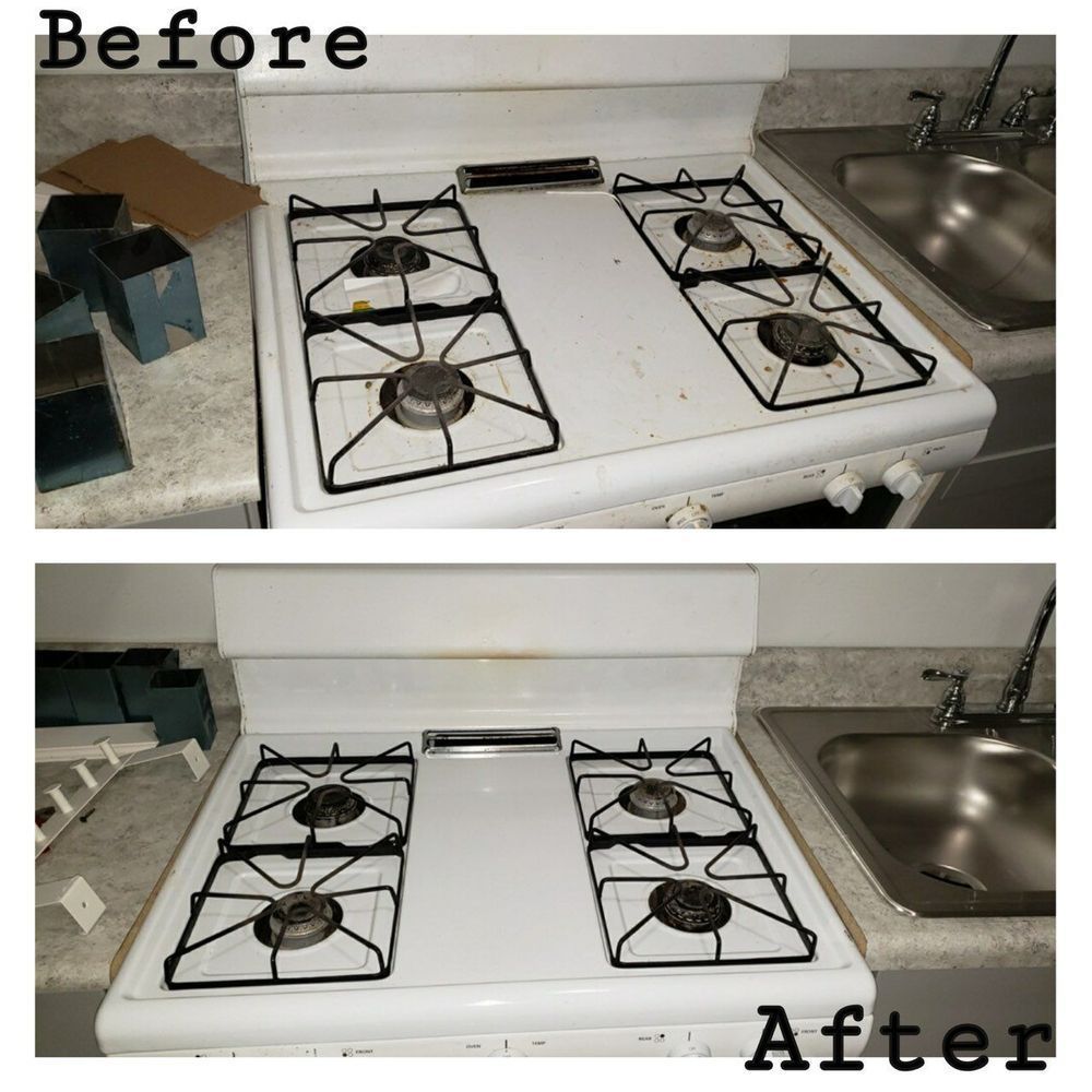 Before-and-after kitchen stove cleaning: dirty white stovetop becomes clean.